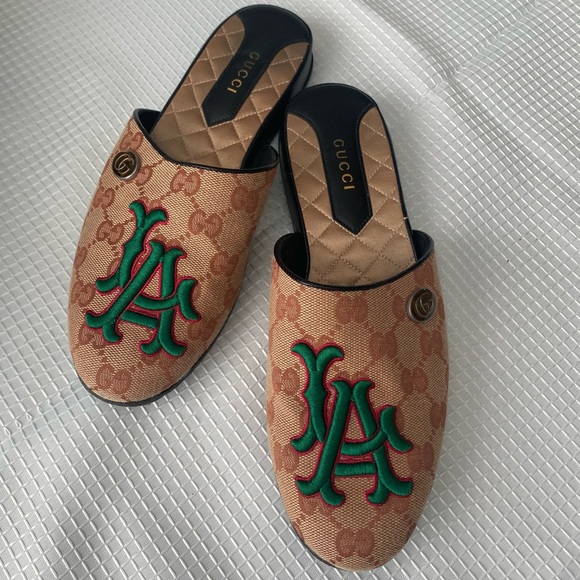 GUCCI GG Monogram Womens LA Dodgers Mule Slides Beige Ruggine - Picture 2 of 9